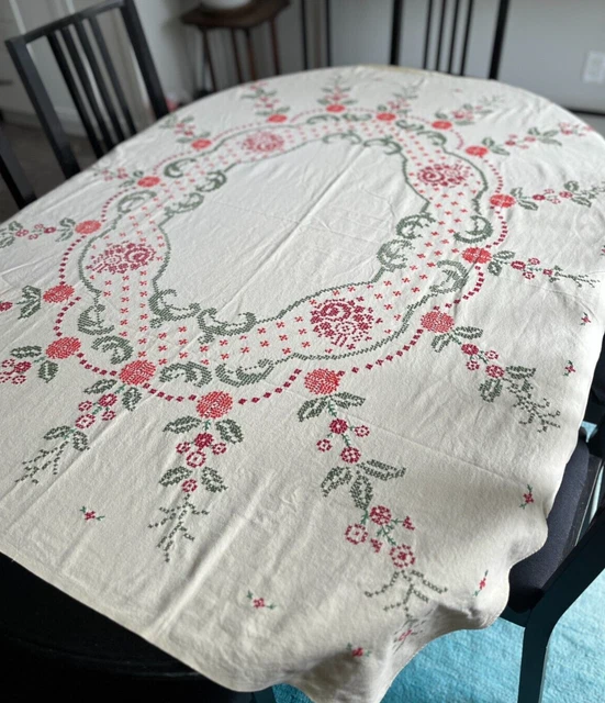 Vintage Embroidered Hand Cross Stitch 56" x 46" Floral Cotton Swiss Tablecloth