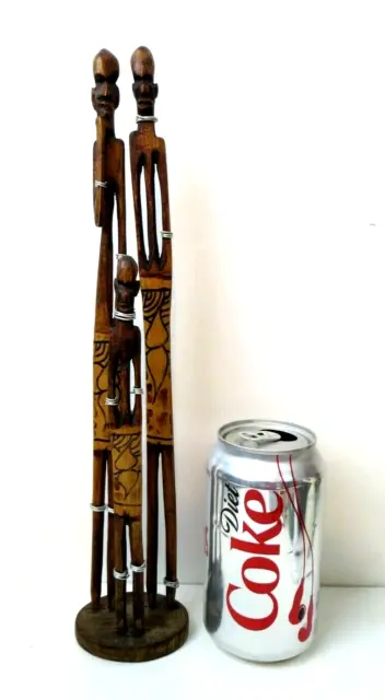 Vintage African 3 Tall Pencil Thin Hand Carved and Hand Painted Figures 12.5"