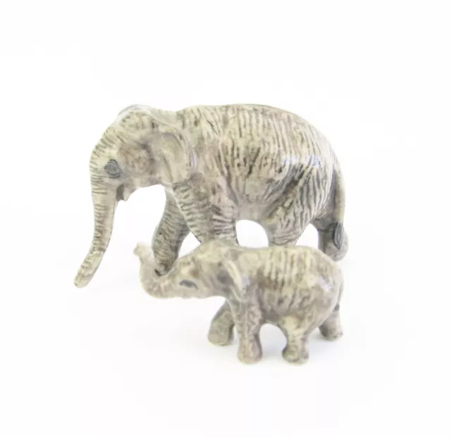 Elephant & Calf Figurine - Tiny Miniature Porcelain Hand Painted Grey