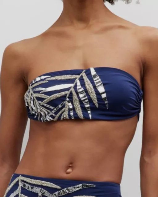 $154 Oceanus Women's Blue Verona Embroidered Bikini Top Swimwear Size Small