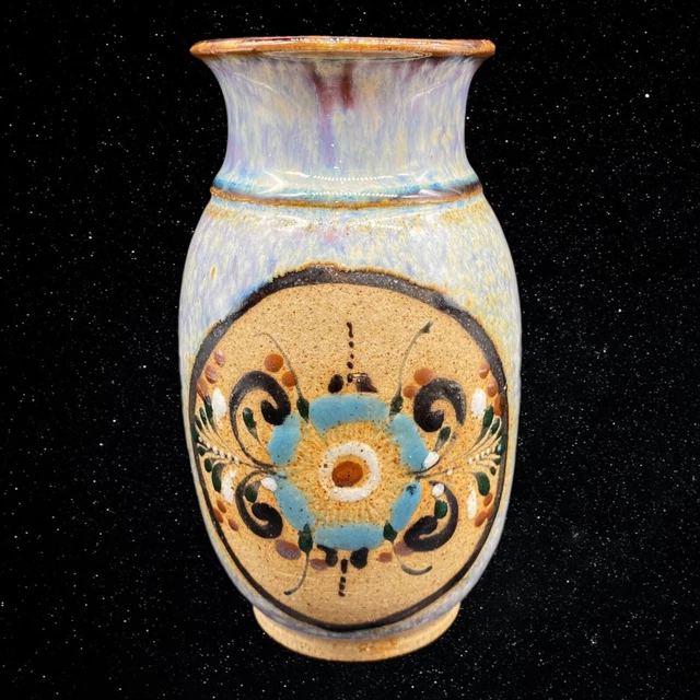 Mexican Folk Art Pottery Tonala Glazed Small Vase 5.5”T 2.5”W