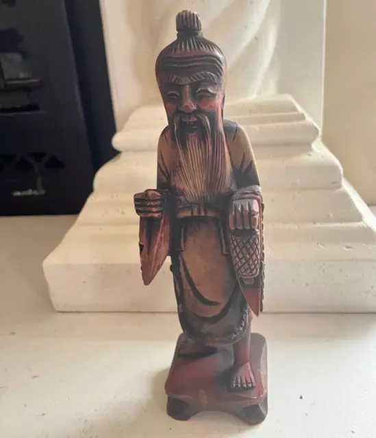 Vtg. Asian Sculpture, Hand Carved Wood Carving, Wise Old Man Happy, 12 inch tall