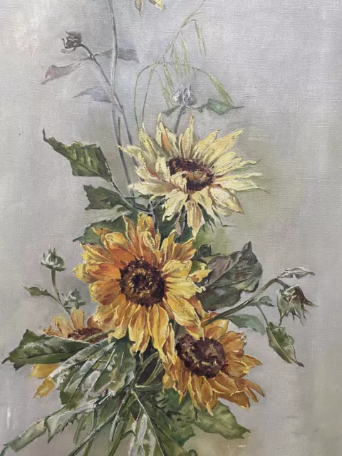 Pintura Al Óleo Um 1900 Bodegón Amarillo Girasol con un Gran Follaje Antiguo