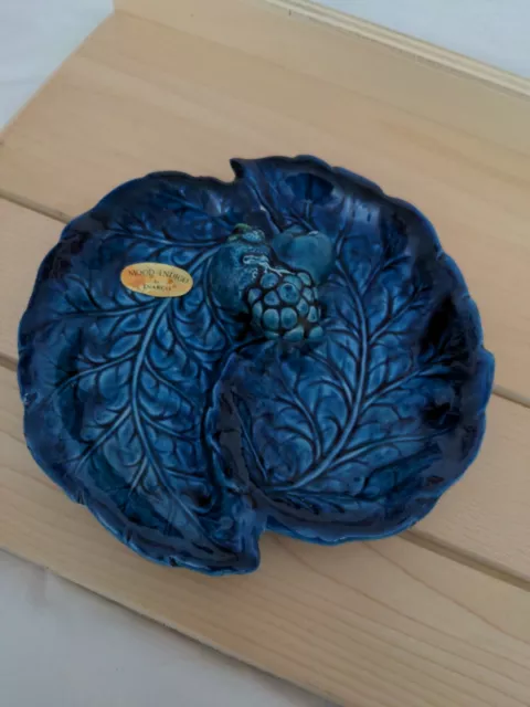 Vintage INARCO Mood Indigo Divided Dish #E-2719 Majolica Fruit 1960's MCM 7 Inch