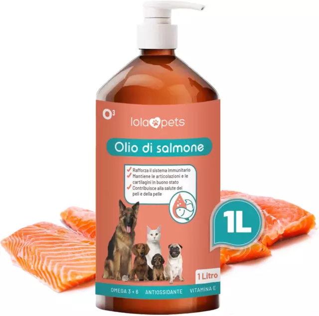 Olio di Salmone per Cani Gatti 1 L 100% Naturale Spremuto a Freddo Omega 3+6