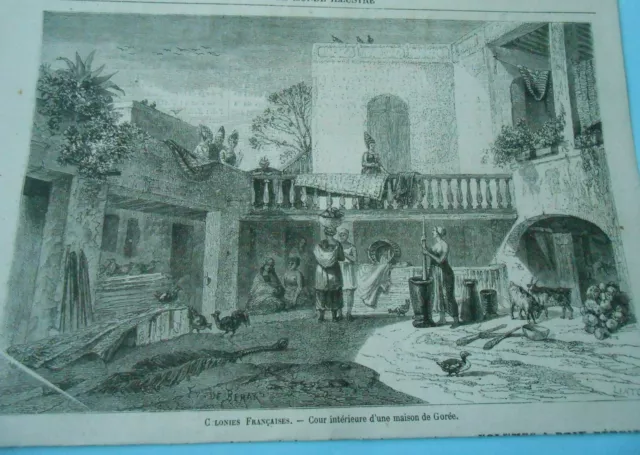 1867 engraving - French colonies interior courtyard of a house de Gorée