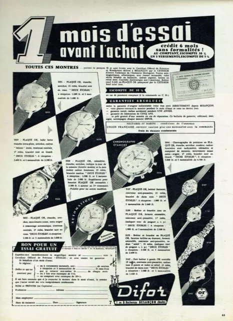publicité Advertising  1122  1959   montres Difor   1 mois essai avant achat