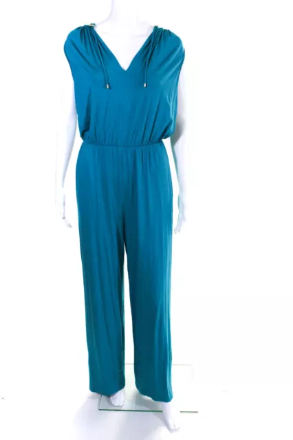 Trina Turk Women's Sleeveless V-Neck Hooded Jumpsuit Tile Blue Size L