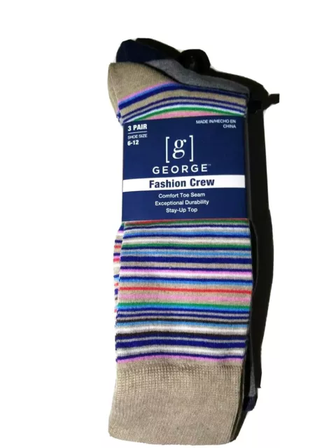 Men's Crew Fashion Dress Socks 3 Pair George Shoe Size 6-12 NEW Stripes/Solid.