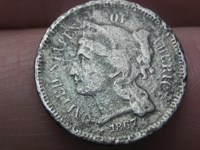 1867 Three 3 Cent Nickel 3CN- VG/Fine Details