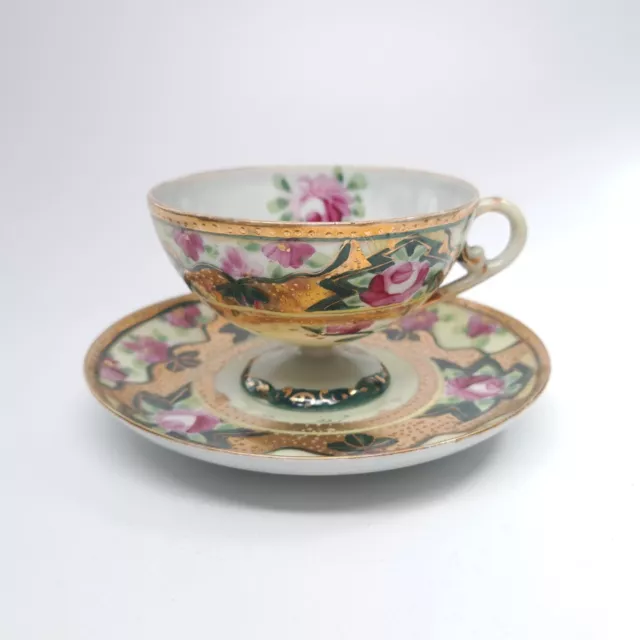 Antique Nippon Japan Hand Painted Roses Gold Moriage Footed Cup Saucer Unmarked