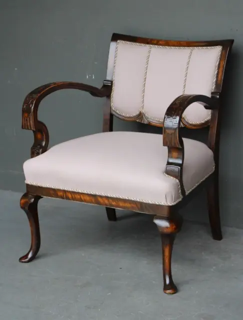 Antique Art Deco Swedish ARMCHAIR solid birch ornate carvings recent upholstery