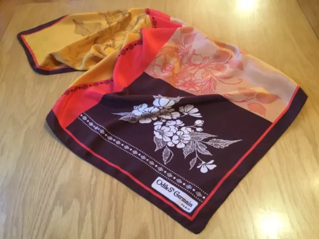 ODILE ST GERMAIN PARIS VINTAGE 1960s FLORAL SILK SCARF.  VGC.  30 x 28 INCHES. [