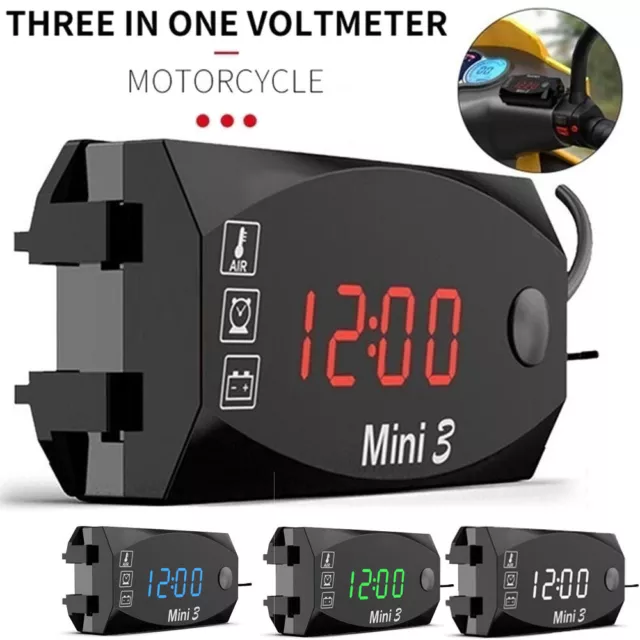 3IN1 Motorcycle Digital LED Time Clock Thermometer Voltage Voltmeter Waterproof