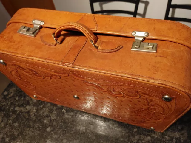Gaitan Hand Made Tooled light Tan Leather Suitcase made in Mexico includes key