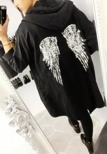 Women Sequin Angel Wings Back Over-sized Hoodie Sweatshirt Jacket Coat Cardigan