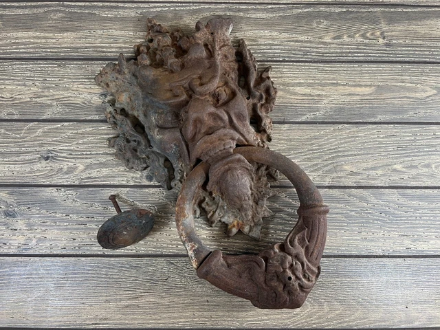 XL Vintage Cast Iron Gargoyle Devil Door Knocker w/Striker Anvil