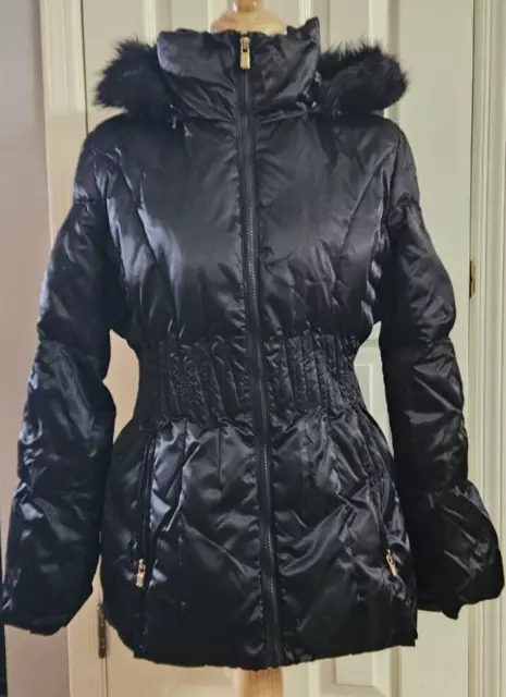 Laundry by Shelli Segal Black Down Puffer Jacket Faux Fur Hood Size Large