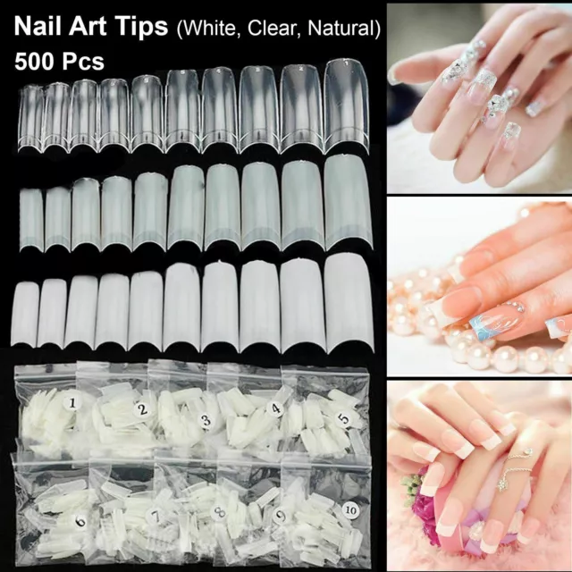 500 Artificial French False Acrylic Nail Art Tips White Clear Natural UV Gel.