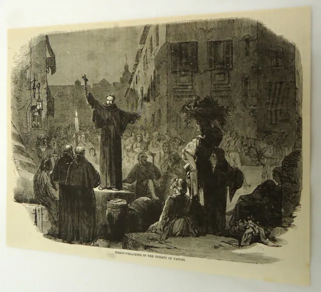 1878 magazine engraving~ MAN STREET PREACHING ~ Naples, Italy
