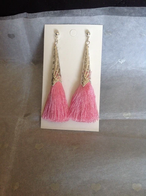 BN Silver Tone Slim Filigree Cone/Pink Silk Tassel Stud Earrings