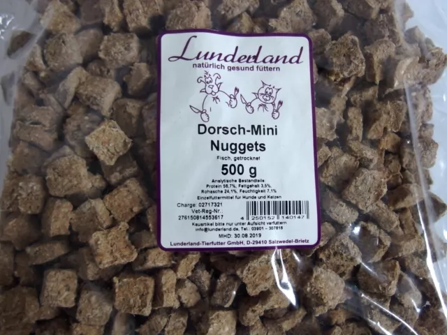 Dorsch Mini Nuggets 500g Fisch getrocknet für Hund + Katze Lunderland Leckerli