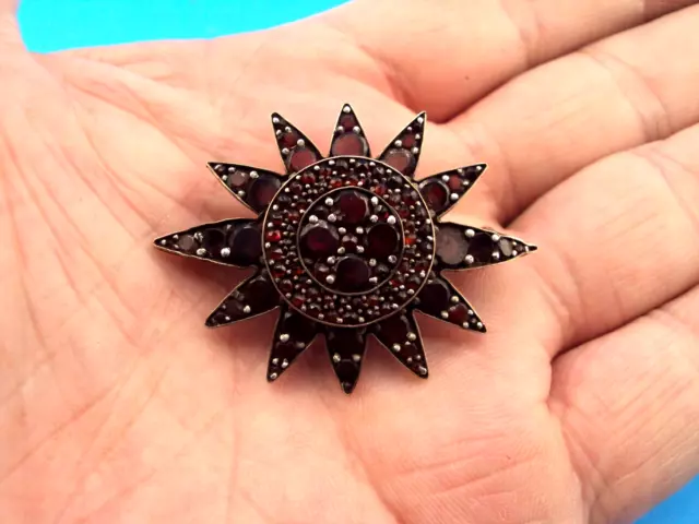 Antique Victorian Sterling Slver Bohemian Garnet Starburst Pin Brooch