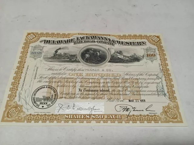 100 shares Delaware Lackawanna & Western Railroad Company 1958 stock certificate