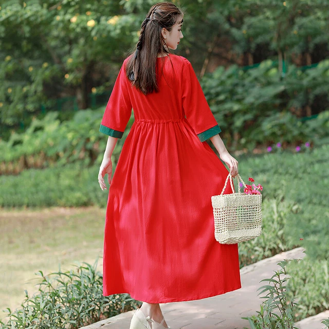 Robe Ethnique Chinoise En Lin/coton - Imprimé Floral Violet - Taille Haute - Neuf Avec étiquettes