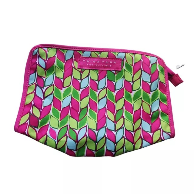 Trina Turk For Clinique Pink Green Makeup Bag Leaf Pattern - EUC