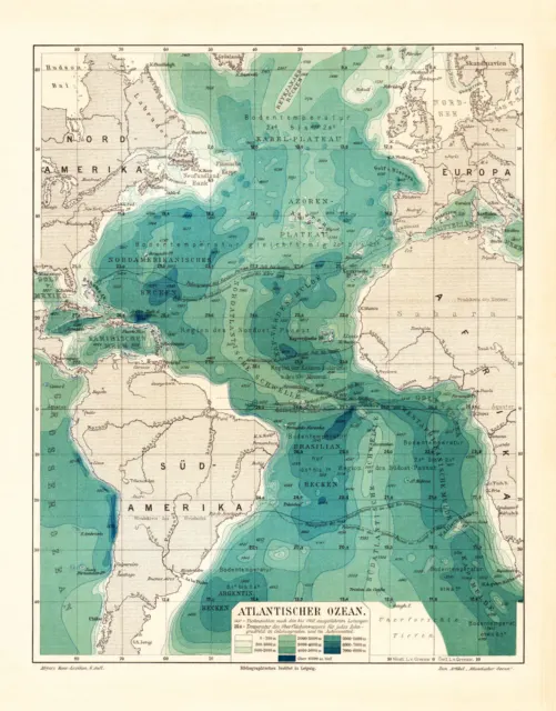 Atlantischer Ozean Meerestiefen historische Landkarte Lithographie ca. 1902