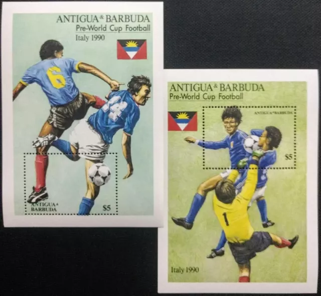 135. Antigua & Barbuda 1990 Set/2 Stamp M/S Pre-World Cup Football. Mnh