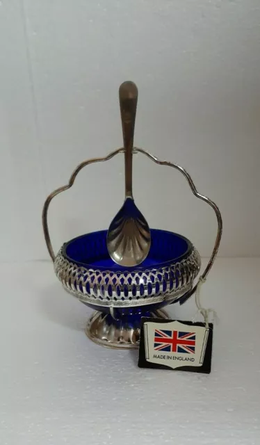 Vintage Queen Anne Sugar Bowl Cobalt Blue Glass Silver Plated Cradle Spoon