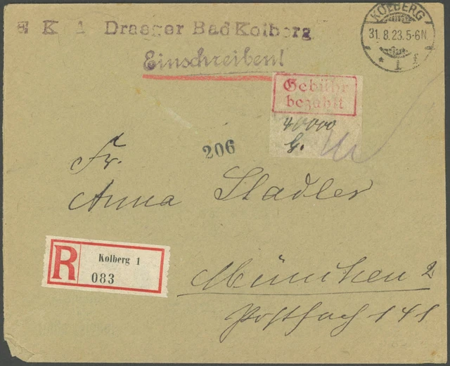 DEUTSCHE LOKALAUSGABEN KOLBERG 1: 1923, 40.000 Mk. Gebührenzettel, geschnitten,