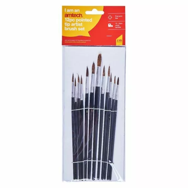 12 Piece Pointed Tip Artist Paint Brush Set Professional Quality Art/Craft/Hobby