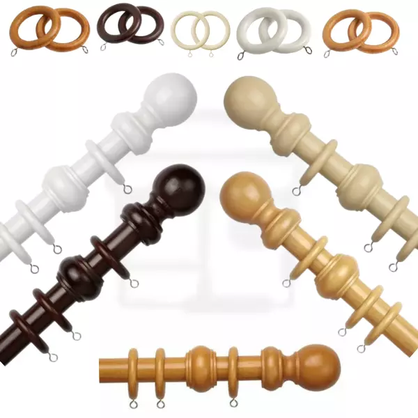 28mm County Wood Curtain Pole Complete Set With Ball Finials Rings & Brackets