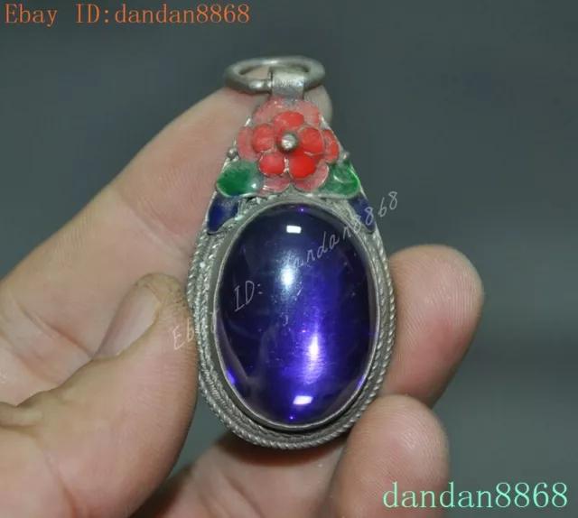 Old Chinese China Tibetan silver Cloisonne inlay gem amulet Exorcism Pendant