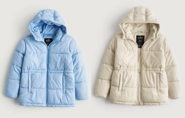 NWT HOLLISTER BY Abercrombie&Fitch Mid-Length Puffer Jacket Coat Blue Cream  $89.95 - PicClick
