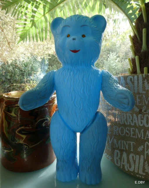 OURS BLEU PLASTIQUE SOUFFLE VINTAGE années 60 '      JOUET DE BAZAR