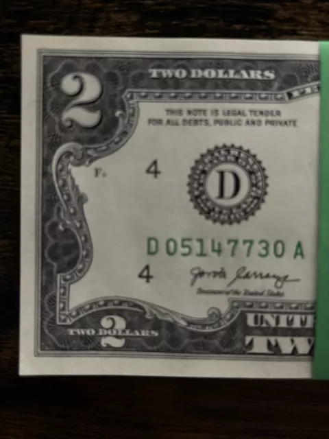 ONE BILL of 2017 A TWO DOLLAR $2 Note CRISP UNC FRB "D" from BEP PACK from BRICK