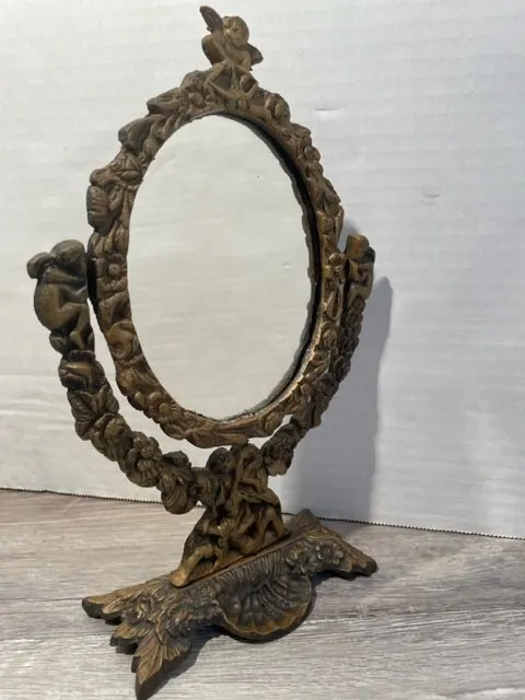 Vintage Cast Iron Oval Victorian Swivel Mirror Look/ Read
