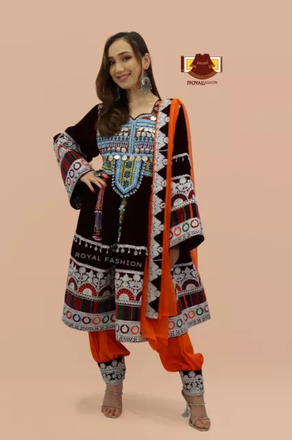 Afghani Kuchi Velvet Gand E Afghani With White Chirma Afghani Women Dress #2005