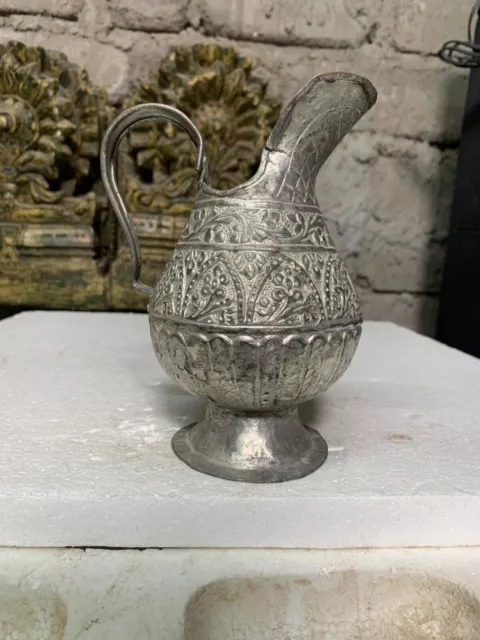 Mughal Antique Hand Crafted Nickel Plated Copper Jug w/ Beautiful Embossed Motif