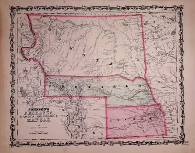 1863 Map KANSAS & TERRITORIES of DAKOTA - NEBRASKA Johnsons Atlas (14x18)#022