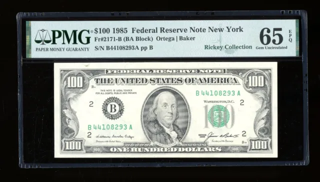 DBR 1985 $100 FRN New York Gem Fr. 2171-B PMG 65 EPQ Serial B44108293A