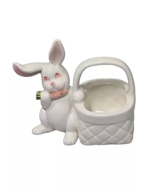 Vtg Fitz & Floyd Handpainted White Ceramic Bunny Weave Basket Easter Decor 1978
