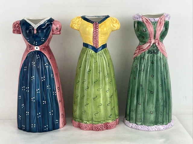 3 New Vintage 9.5” Ceramic Dress/Gown Princess/Fairytale Vase Set of 3 Unmarked