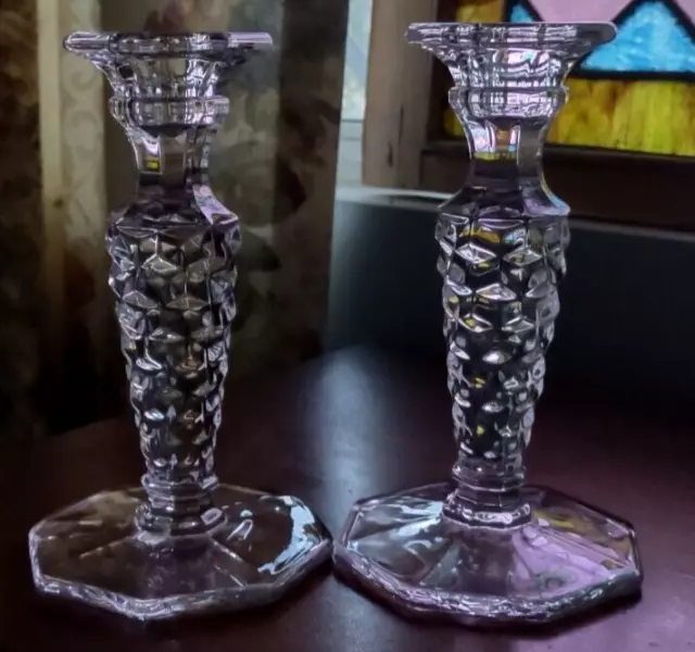 2) FOSTORIA Glass AMERICAN CANDLE STICK Holders 6.25" Cube OCTAGONAL BASE EXC