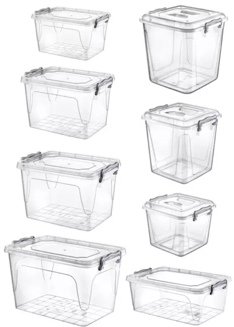 Clear Plastic Storage Box Lid Carry Handle Clip Lock Lid Stackable Container  Tub