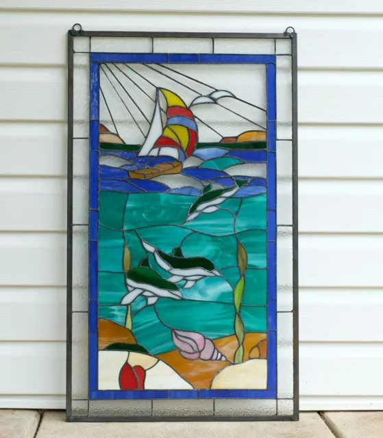 20.5"x34.7" Dolphin Boat Seashore Beach Handcrafted stained glass window panel